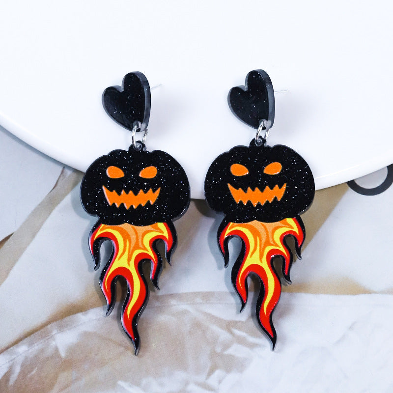 Halloween Flame Demon Pumpkin Head Acrylic Earrings