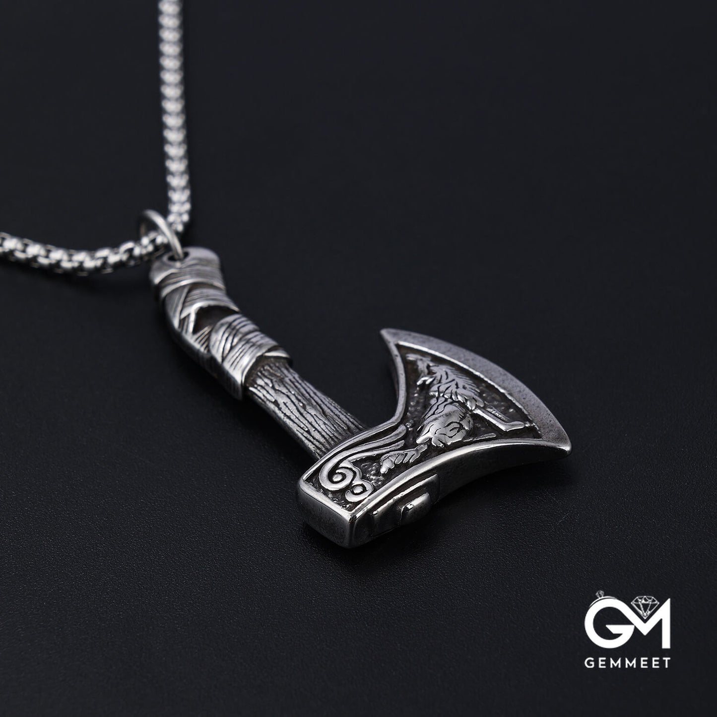 Vintage Stainless Steel Axe Skull Pendant Necklace