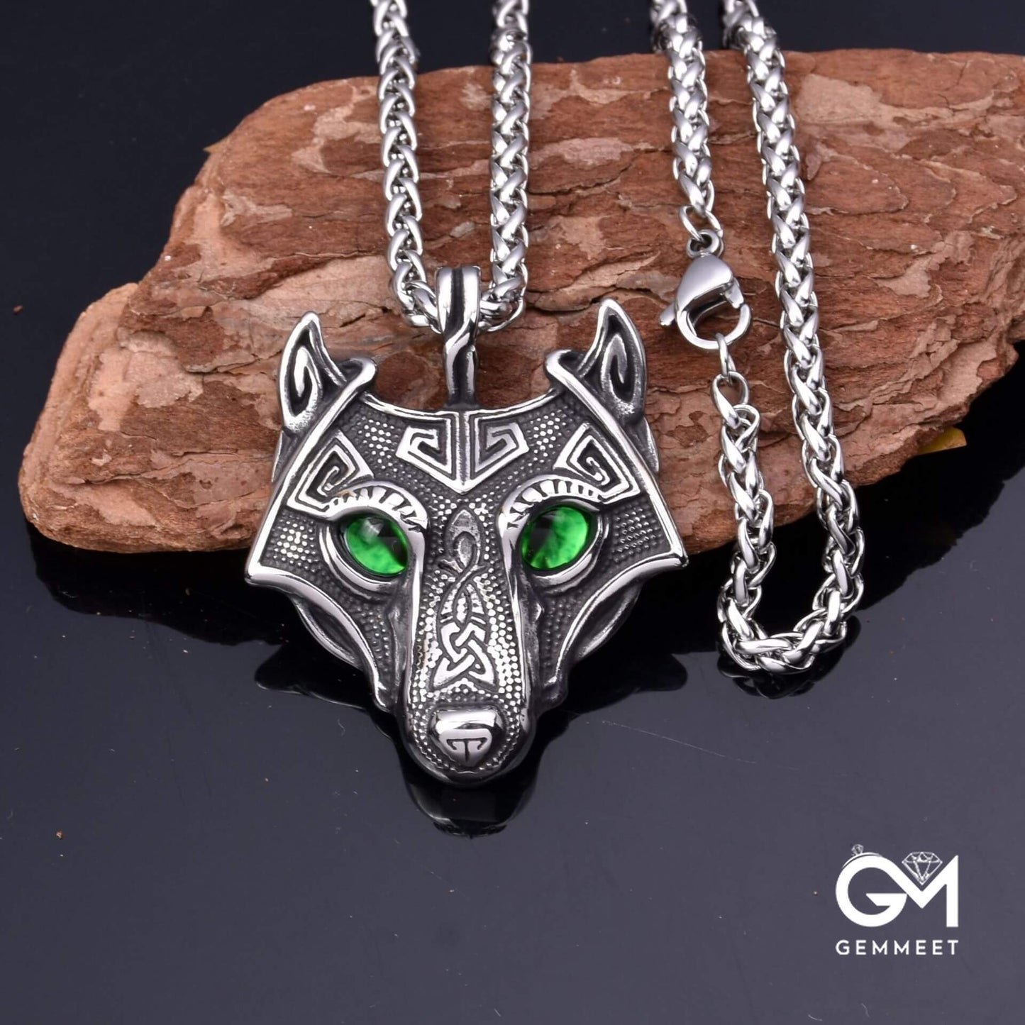 Stainless Steel Wolf Head Green Zircon Eye Necklace