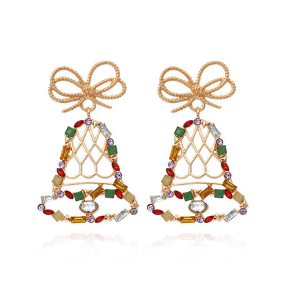 Christmas Exaggerated Color Full Inlaid Zircon Bell Earrings Retro Cartoon Bow Earrings