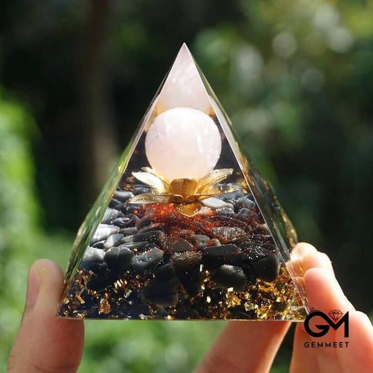 Clear Quartz Obsidian Lotus Symbol Orgone Pyramid