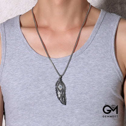 Stainless Steel Eye Feather Pendant Necklace