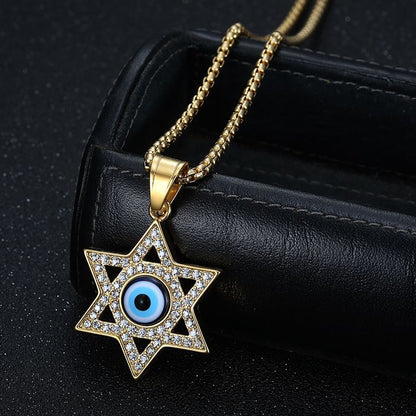 Hip Hop Gold Plated Zirconia Blue Eye Hexagram Pendant