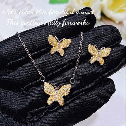 Versatile Fresh Butterfly Necklace Butterfly Bracelet Yellow Diamond Earrings Colorful Treasure Ring Bright Butterfly Set