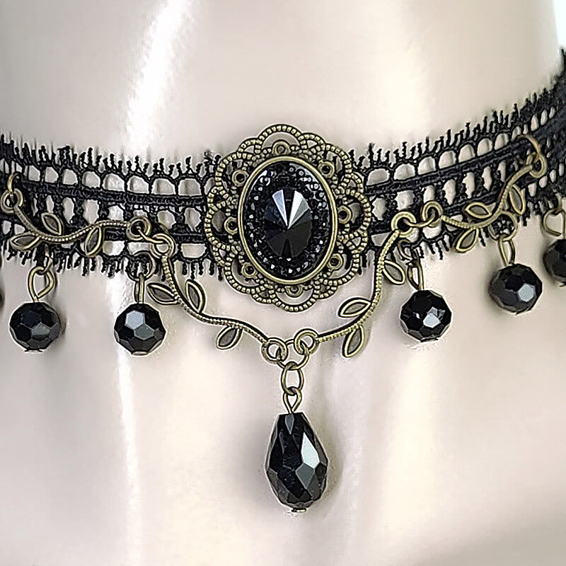 Halloween Atmospheric Retro Black Synthetic Cubic Zirconia Necklace Gothic Punk Jewelry