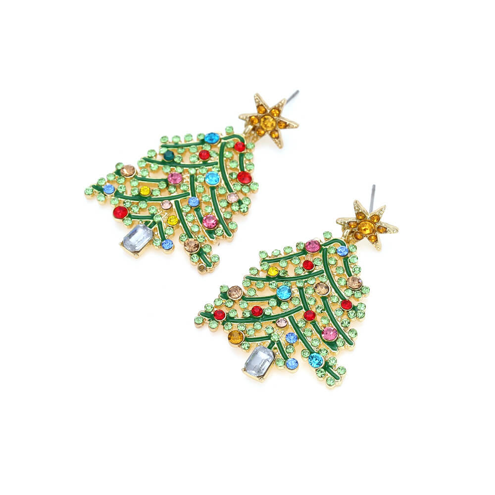 Christmas Color Zircon Earrings Hollow Inlaid Zircon Christmas Tree Earrings Personality Temperament Earrings