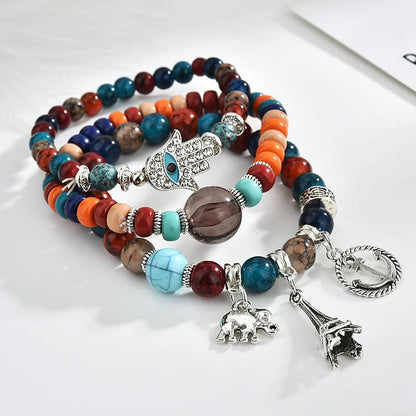 Elephant Tower Evil Eye Hamsa Bracelet Set