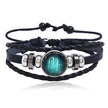 Luminous Twelve Constellation Couple Cowhide Bracelet Multi-Layer Braided Starry Sky Leather Bracelet