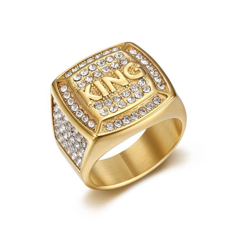 New Hip-hop HIPHOP Ring Titanium Steel Vacuum Gold-plated Synthetic Cubic Zirconia KING King Men's Ring