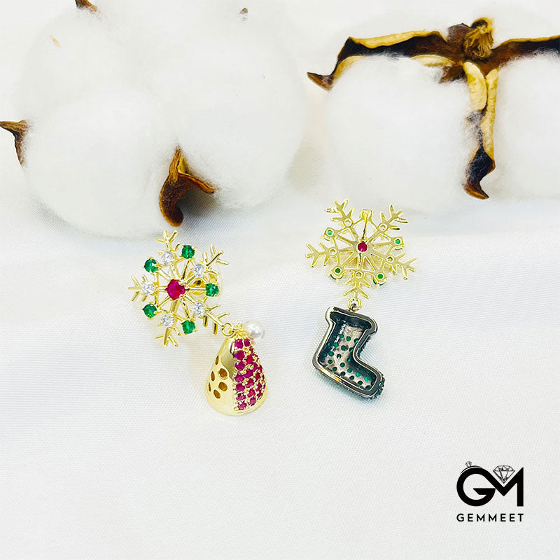 Christmas Gift  S925 Silver Needle Snowflake Boots Hat Colorful Zircon Earrings