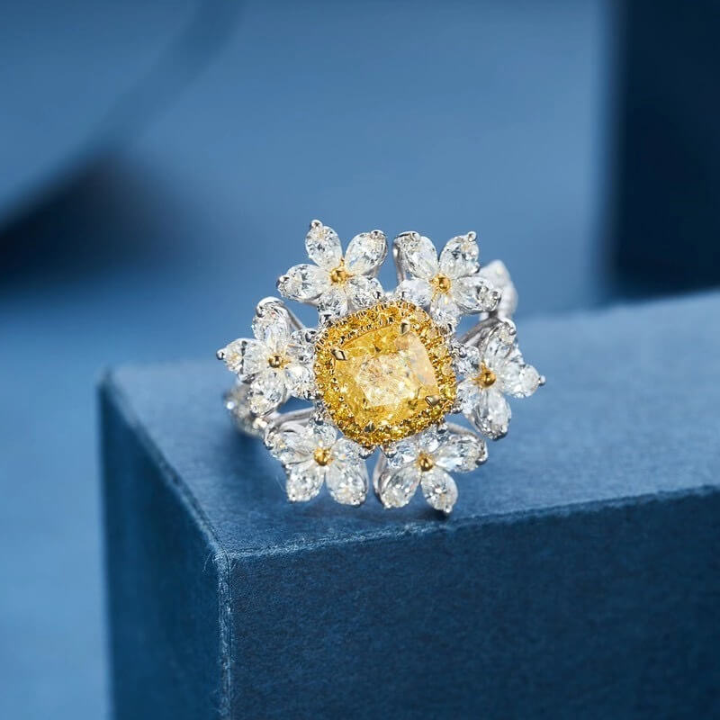 Light Luxury Imitation Color Yellow Diamond Six Flower Zircon Ring