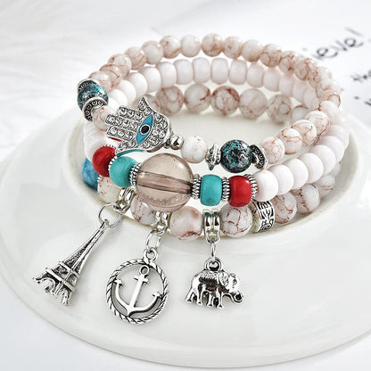 Elephant Tower Evil Eye Hamsa Bracelet Set