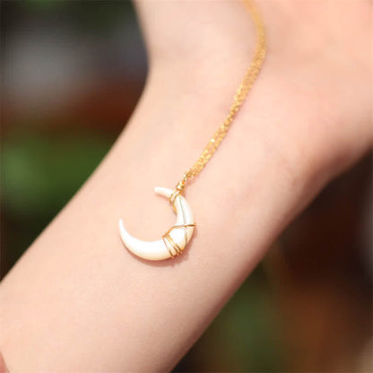 Natural Tridacna Stone Crescent Moon Blessing Necklace Pendant