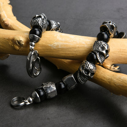 Skull Tiger Eye Stone Black Onyx Beaded Bracelet