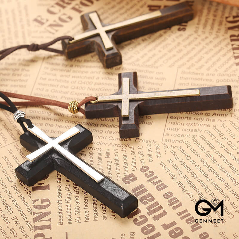 Double Alloy Wood Cross Necklace