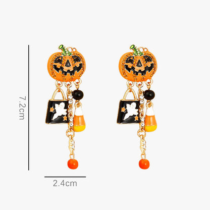 Halloween New Oil Drop Diamond Pumpkin Head Ghost Pendant Earrings