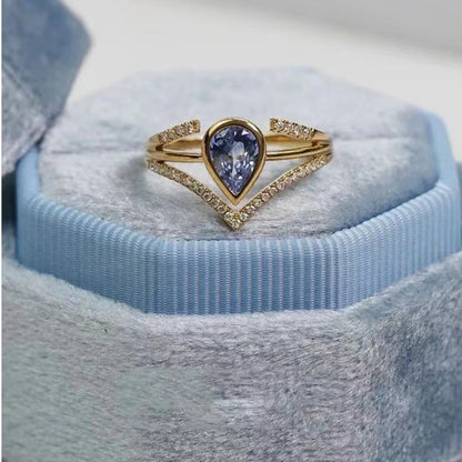 Pear Shape Blue Sapphire French Vintage Blue V-Shaped Multi-Layered Adjustable Ring