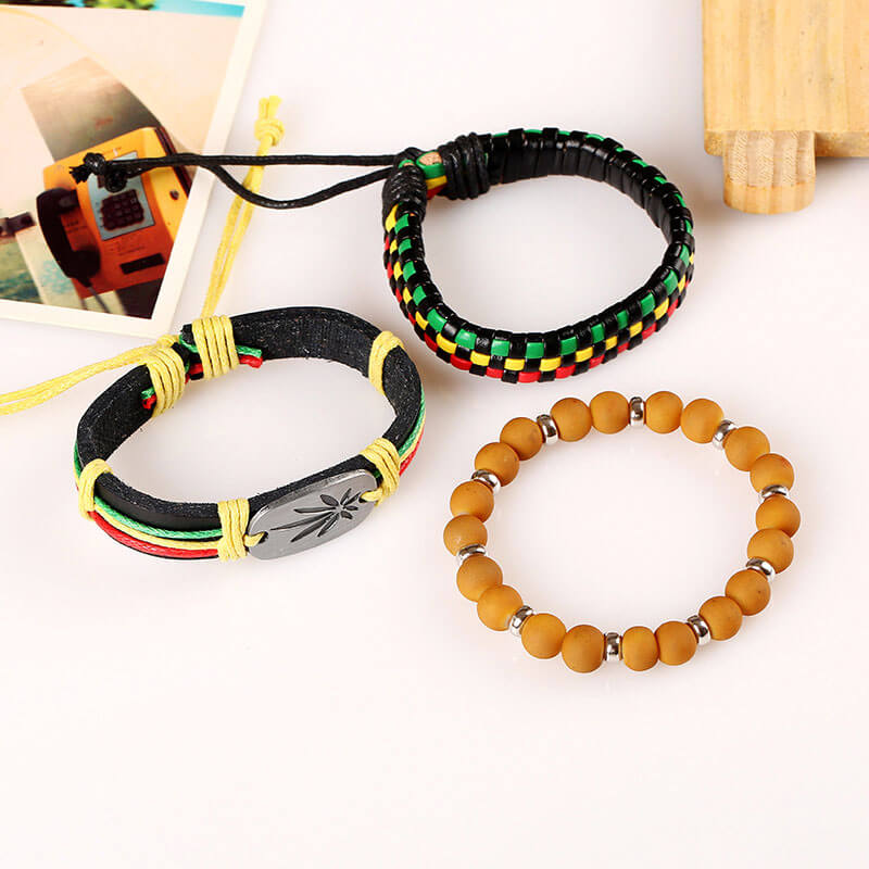 Hip-hop Hiphop Street Dance Red, Yellow and Green Braided Leather Bracelet