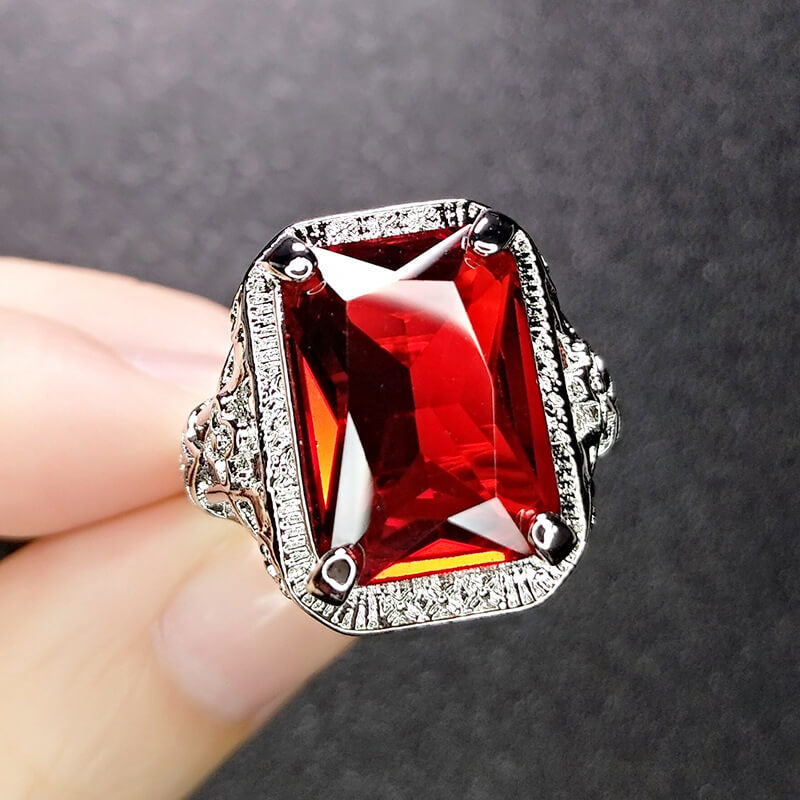 New Pigeon Blood Imitation Ruby Ring Hollow Pattern Square Imitation Emerald Tourmaline Ring