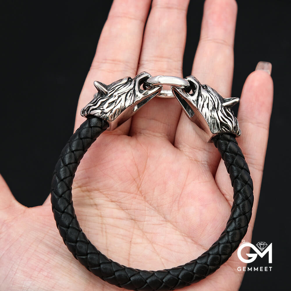 Viking Titanium Steel Wolf Head Leather Rope Bracelet