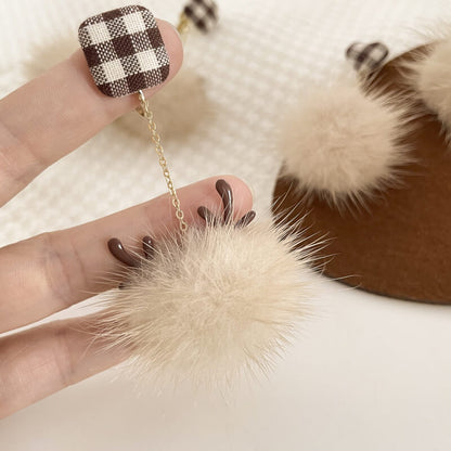 Christmas Elk Fur Ball Brown Girl Sweet Earrings Without Pierced Ear Clips