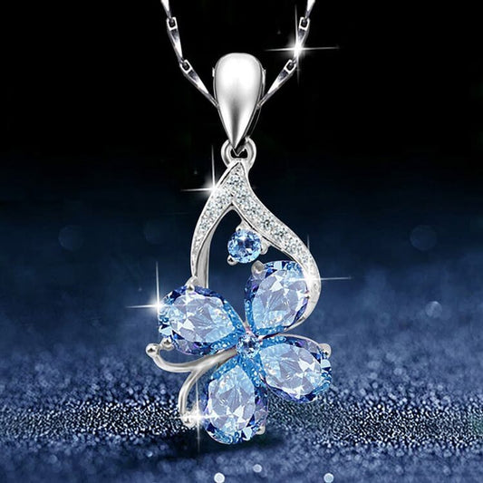 Blue Topaz Drop Clover Lucky Necklace