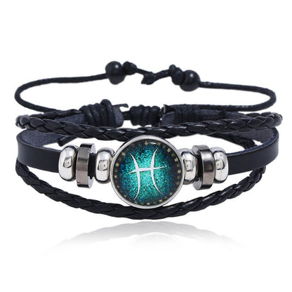 Luminous Twelve Constellation Couple Cowhide Bracelet Multi-Layer Braided Starry Sky Leather Bracelet