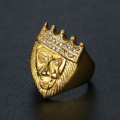 HIPHOP Jewelry Gold-plated Inlaid Zircon Crown Lion Head Ring