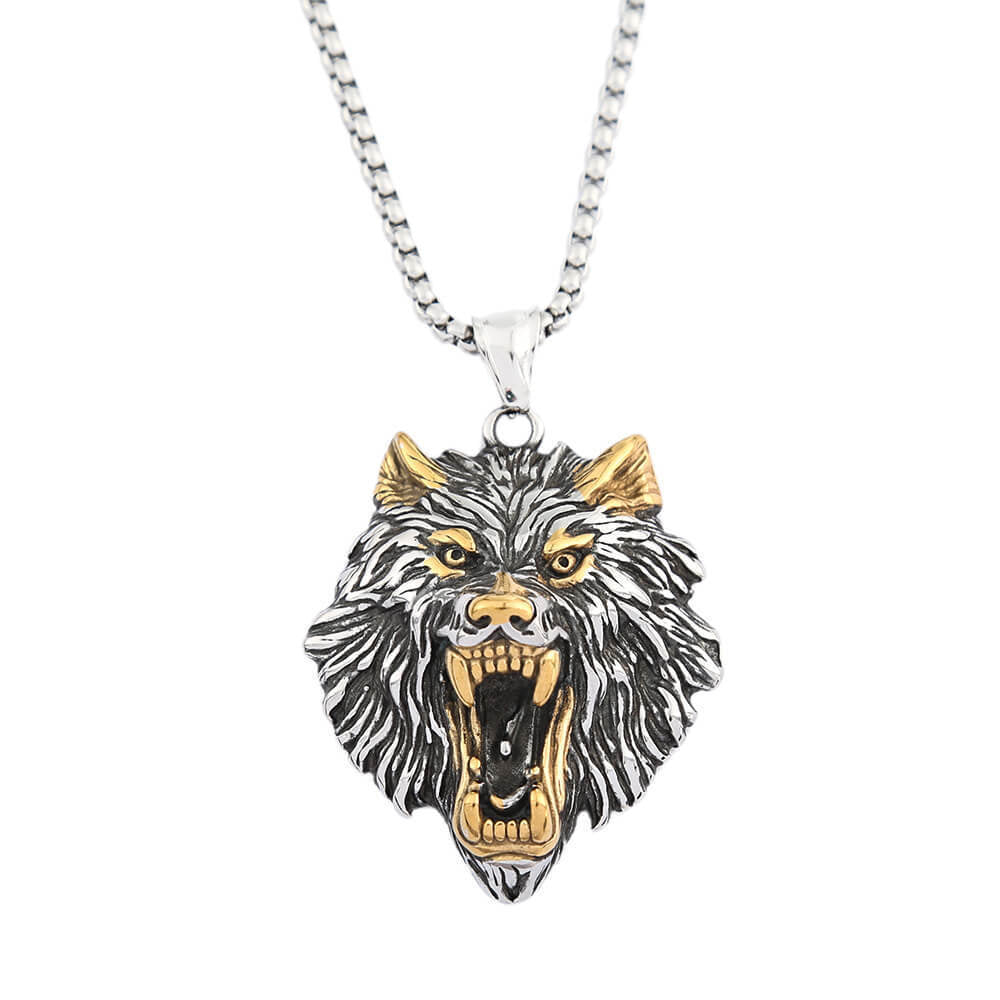 Stainless Steel Viking Wolf Head Hip Hop Necklace