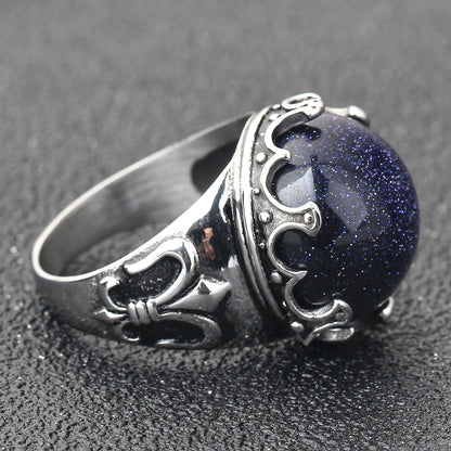 Vintage Shiny Blue Sand Stone Stainless Steel Ring