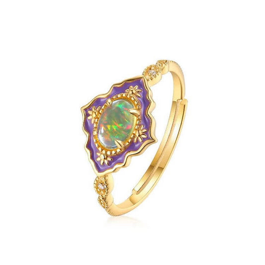 Opal Vintage Open Adjustable Enamel Gold Ring