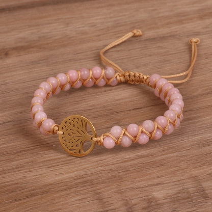 Double Woven Bracelet with Tree Pendant Pink Diamond Stone Bead