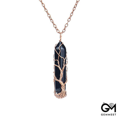 Bronze Tree of Life Crystal Hexagonal Prism Necklace