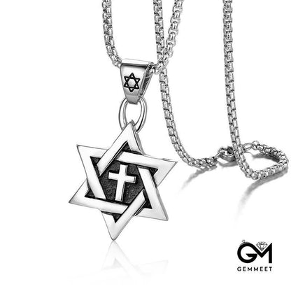 Cross Titanium Steel Hexagram Star Necklace