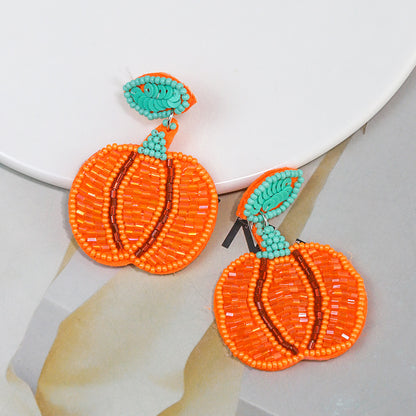 Halloween Funny Handmade Fabric Rice Bead Pumpkin Earrings