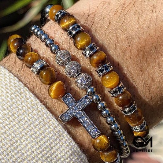 3Pcs/Set Tiger Eye Stone Beaded Men Cross Bracelet