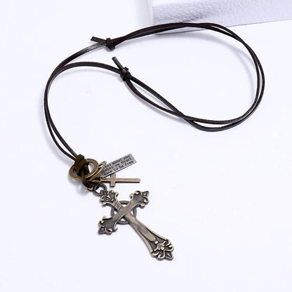 Vintage Cross Long Leather Creative Pull Adjustment Necklace