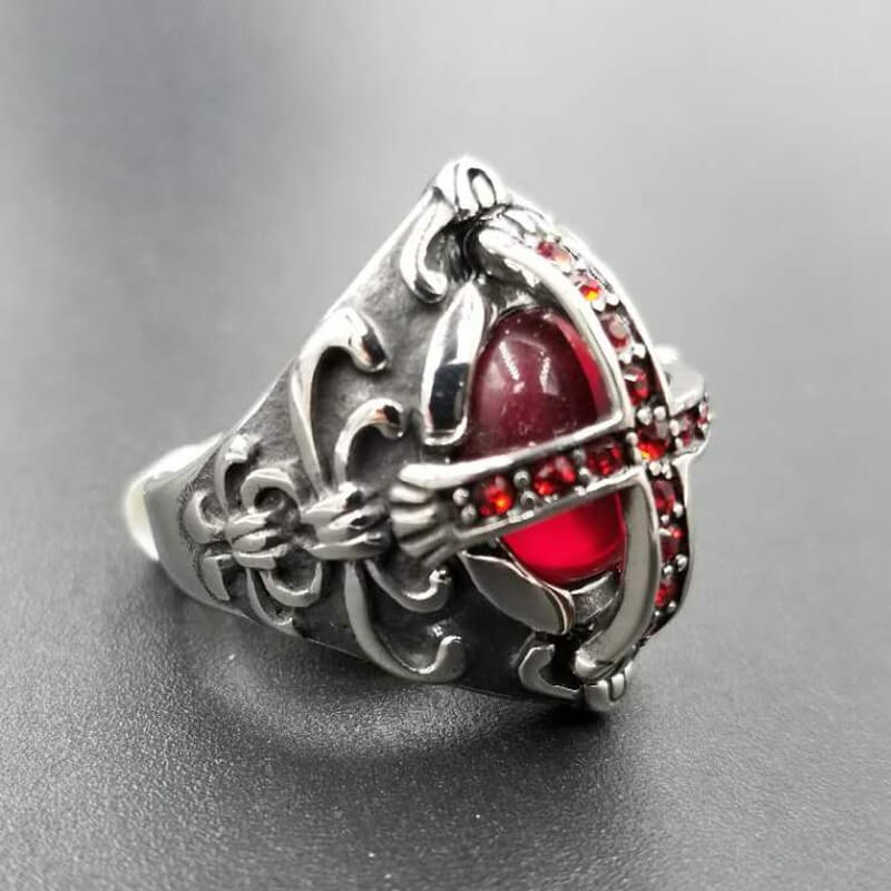 Gothic Ruby Cross and Diamond Ring for Men