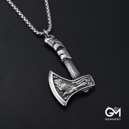 Vintage Stainless Steel Axe Skull Pendant Necklace