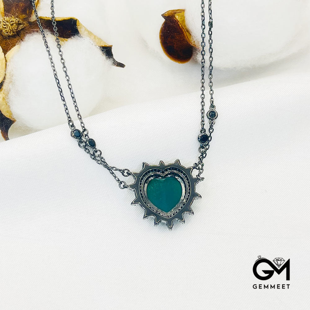 Big Green Stone Heart Shape Halo Black Stone Pendant Necklace