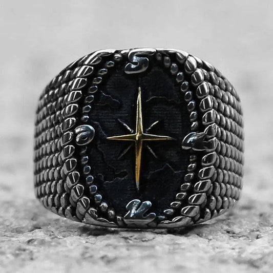 Golden Compass Stainless Steel Viking Ring