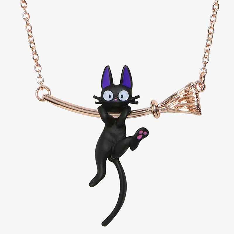 Cute Black Cat Hanging Witch Broom Necklace