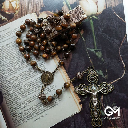 Grade A Tiger Eye Cross Pendant Rosary Necklace