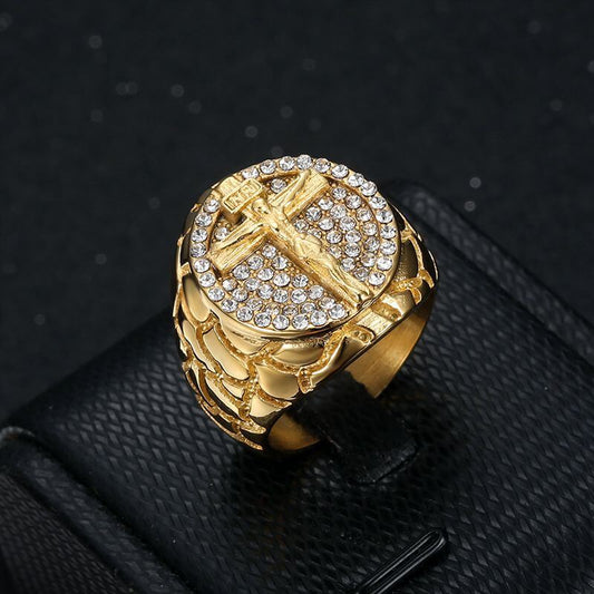 Hip Hop Ring Titanium Steel Vacuum Gold-plated Synthetic Cubic Zirconia Cross Men's Ring