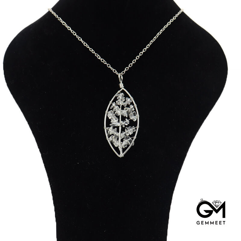 Silver Tree of Life Crystal Leaf Necklace