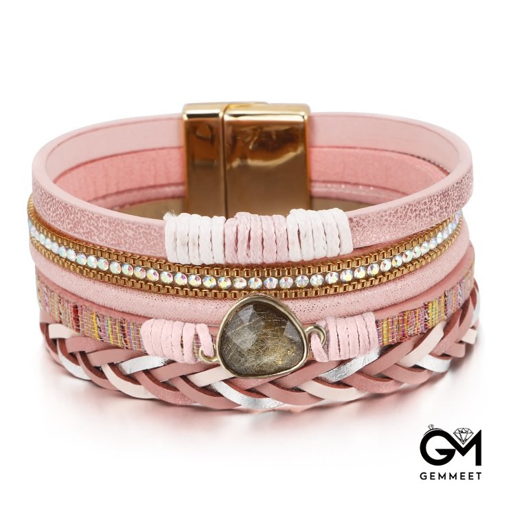 Golden Rutilated Quartz Woven Multi-layered Leather Bracelet