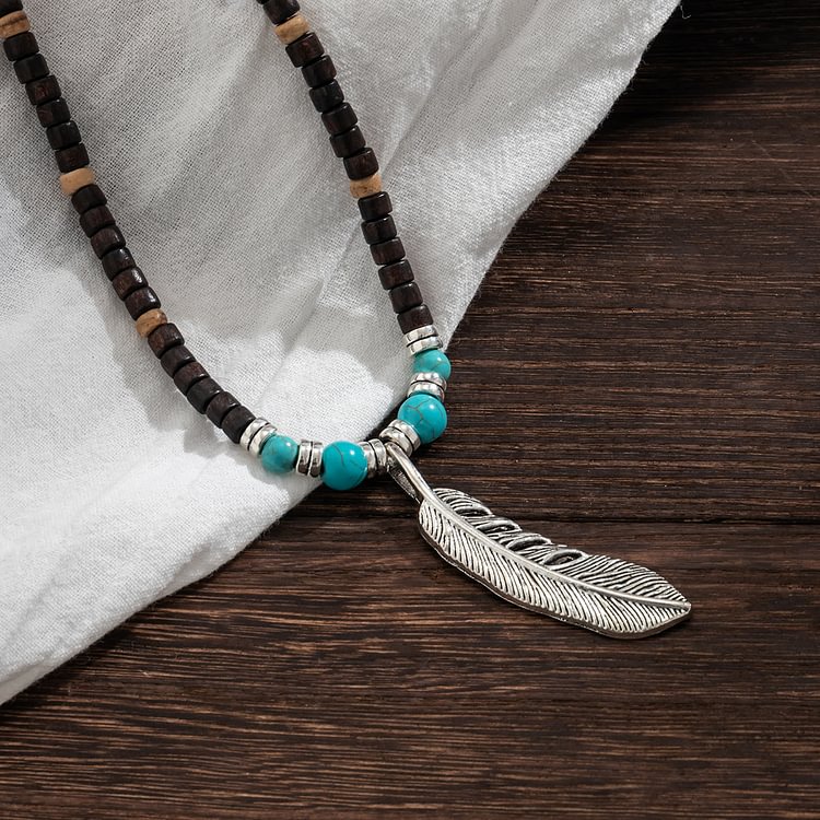 Turquoise Wooden Bead Feather Pendant Bohemian Necklace