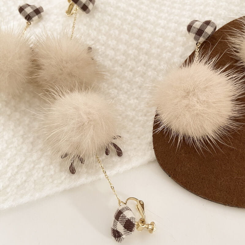 Christmas Elk Fur Ball Brown Girl Sweet Earrings Without Pierced Ear Clips