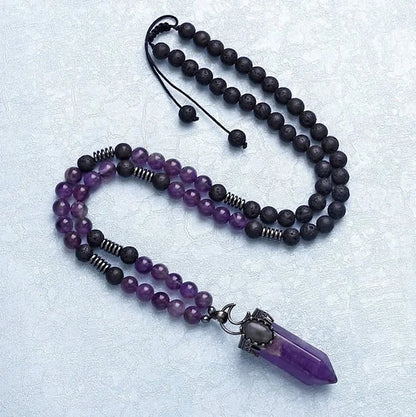 Natural Crystal Hexagon Prism Pendant Mala Necklace