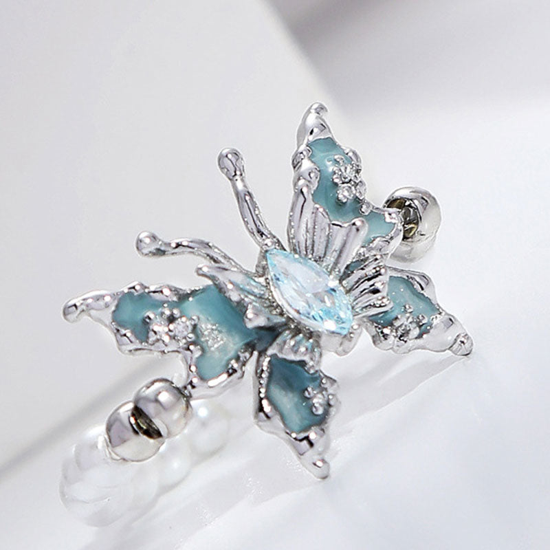 Retro Temperament Blue Oil Drop Butterfly Pearl Ring